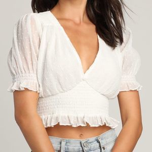 Lulus Ivory Swiss Dot Puff Sleeve Crop Top - Size S
